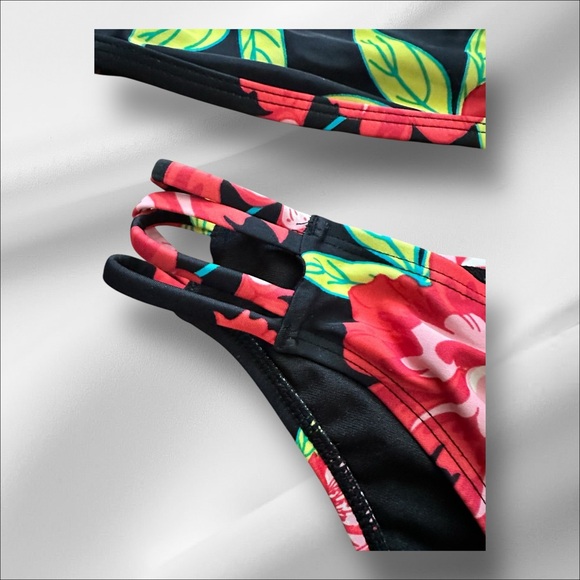 Cabana Del sol floral bikini set black/red 2 piece high neck size Medium - Picture 10 of 13